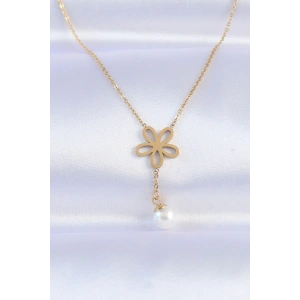 316L Çelik Zincir Gold Renk İnci Detay Çiçek Kolye
