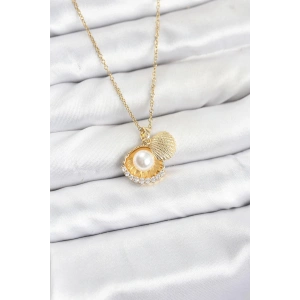 316L Çelik Zincir Gold Renk İncili Deniz Kabuğu Model Zirkon Taşlı Kadın Kolye