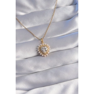 316L Çelik Zincir Gold Renk İncili Zirkon Taşlı Kalp Tasarımlı Kolye