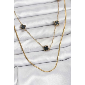 316L Çelik Zincir Gold Renk İtalyan Zincirli Siyah Yonca Model Kadın Kolye