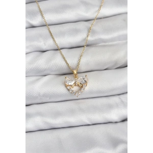 316L Çelik Zincir Gold Renk Kalp ve Fiyonk Model Zirkon Taşlı Kadın Kolye