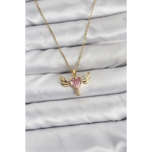 316L Çelik Zincir Gold Renk Kanatlı Kalp Model Zirkon Taşlı Kadın Kolye