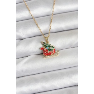 316L Çelik Zincir Gold Renk Kızak ve Çam Ağacı Figürlü Yılbaşı Temalı Kadın Kolye