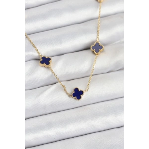 316L Çelik Zincir Gold Renk Lacivert Baby Boy Yonca Kadın Kolye