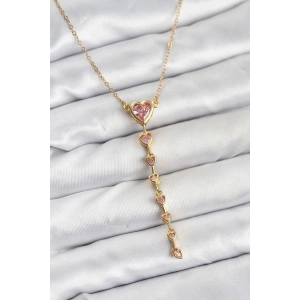 316L Çelik Zincir Gold Renk Pembe Kalp Kadın Kolye