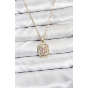 316L Çelik Zincir Gold Renk Plaka Model Zirkon Taşlı Kadın Kolye