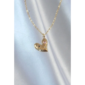316L Çelik Zincir Gold Renk Renkli Zirkon Taşlı Kalp Kolye