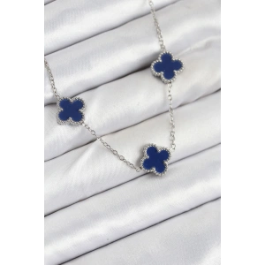 316L Çelik Zincir Gümüş Lacivert Renk Yonca Kadın Kolye