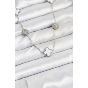 316L Çelik Zincir Gümüş Renk Beyaz ve Zirkon Taşlı Yonca Kadın Kolye