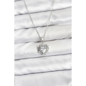 316L Çelik Zincir Gümüş Renk Kalp Model Zirkon Taşlı Kadın Kolye