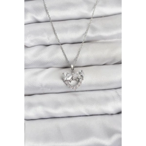 316L Çelik Zincir Gümüş Renk Kalp ve Fiyonk Model Zirkon Taşlı Kadın Kolye