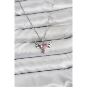 316L Çelik Zincir Gümüş Renk Kanatlı Kalp Model Zirkon Taşlı Kadın Kolye