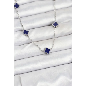 316L Çelik Zincir Gümüş Renk Lacivert Baby Boy Yonca Kadın Kolye