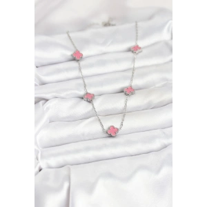 316L Çelik Zincir Gümüş Renk Pembe Baby Boy Yonca Kadın Kolye