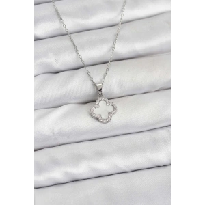 316L Çelik Zincir Gümüş Renk Sedefli Yonca Kadın Kolye