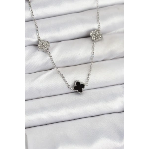 316L Çelik Zincir Gümüş Renk Siyah ve Zirkon Taşlı Baby Boy Yonca Kadın Kolye