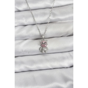 316L Çelik Zincir Gümüş Renk Teddy Bear Model Zirkon Taşlı Kadın Kolye