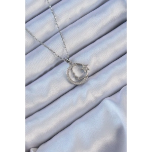 316L Çelik Zincir Gümüş Renk Zirkon Taşlı Ay Yıldız Simgeli Atatürk Kolye