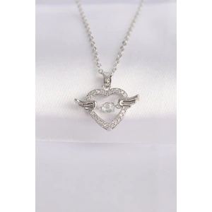 316L Çelik Zincir Gümüş Renk Zirkon Taşlı Kanatlı Kalp Kolye
