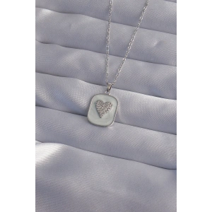 316L Çelik Zincir Mermer Desenli Gümüş Renk Zirkon Taşlı Kalp Model Kolye
