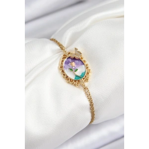 316L Çelik Zincir Mineli Sanatsal Portre Zirkon Taşlı Kelebek Detaylı Çiçek Model Gold Renk Kadın Bileklik