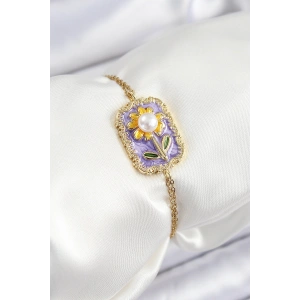 316L Çelik Zincir Mor Mineli Sanatsal Portre İnci Detaylı Papatya Model Gold Renk Kadın Bileklik