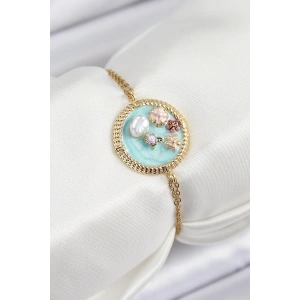 316L Çelik Zincir Turkuaz Mineli Sanatsal Portre İnci Detaylı Çiçek Model Gold Renk Kadın Bileklik
