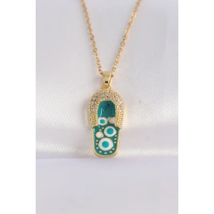 316L Çelik Zincir Zirkon Taşlı Altın Renk Nazarlı Terlik Tasarımlı Kolye