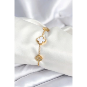 316L Çelik Zincir Zirkon Taşlı Yonca Beyaz Kadın Bileklik