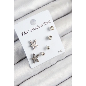 316L Çelik Zirkon Taşlı Deniz Yıldızı Model Gümüş Renk Kadın Set Küpe
