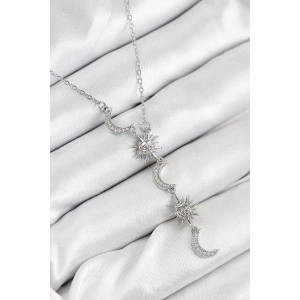 316L Çelik Zirkon Taşlı Güneş Ve Ay Model Gümüş Renk Kadın Kolye