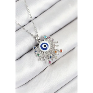 316L Çelik Zirkon Taşlı Nazar Model Gümüş Renk Kadın Kolye