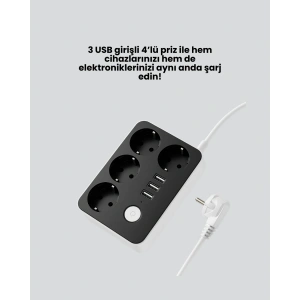 4.1A Hızlı Şarjlı Akım Korumalı 4 Priz ve 3 USB Çıkışlı Priz