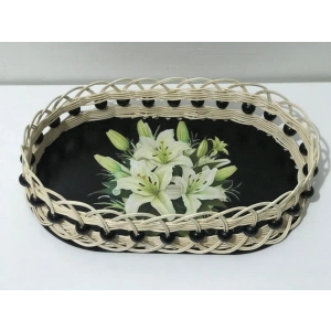 lilyum desenli boncuk detaylı rattan sepet