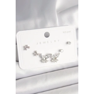 925 Ayar Gümüş Çivi Pirinç Zirkon Taşlı Kelebek Model Kadın Küpe Seti