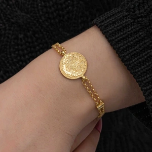 925 Ayar Gümüş Gold Kaplama Tuğralı Kadın Bileklik T8654 (74)