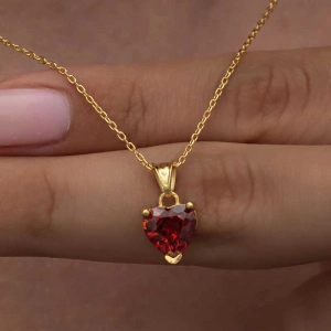 925 Ayar Gümüş Gold Kırmızı Taşlı Kalpli Kadın Kolye T8325 (74)
