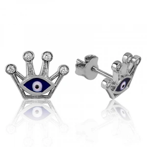 925 Ayar Gümüş Nazarlı Kraliçe Tacı Çivili Küpe Ea1160113 (74)