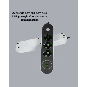 Akım Korumalı Anahtarlı USB Girişli Üçlü Priz