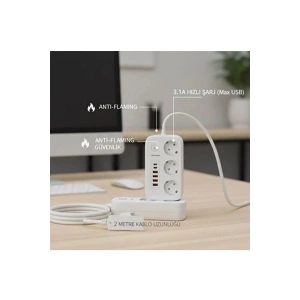  akım Korumalı Priz Ve Masaüstü Şarj İstasyonu Kablosuz 3 Priz ,4 Usb, 2 Type-c Girişli 2 Metre