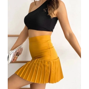 Altı pliseli mini etek hardal s24705