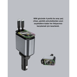 Araç Şarj Cihazı 66W 4 Portlu Hızlı Şarj ve LED Işıklı