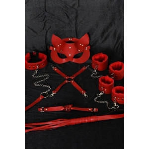 kapsulavm Kırmızı İçi Tüylü Maske,Kol,Bacak,Ağız Topu,Kırbaç,Tasma Harness Set