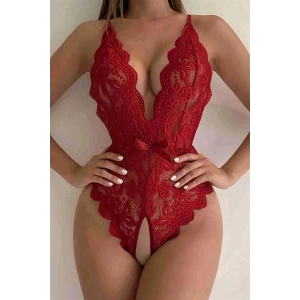 Arias Closet Kırmızı Özel Bölgesi Açık Fiyonklu Dantel Fantezi Body