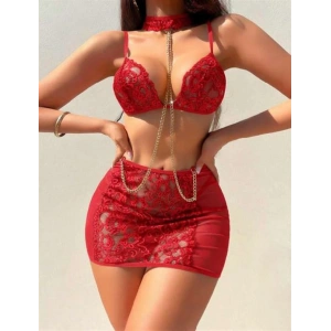 Arias Closet Kırmızı Transparan Dantel İşlemeli Zincir Detaylı Fantezi Takım