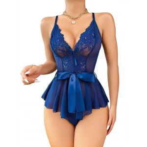 kapsulavm Mavi Dantel İşlemeli Kurdelalı Fantezi Tül Babydoll