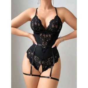 kapsulavm Siyah Özel Bölgesi Açık Dantel İşlemeli Jartiyer Görünümlü Fantezi Body
