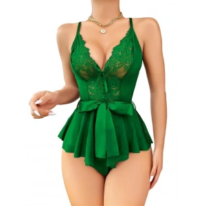 kapsulavm Yeşil Dantel İşlemeli Kurdelalı Fantezi Tül Babydoll