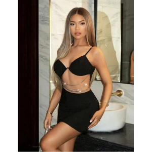 kapsulavm Zincir Detaylı Göğüs Dekolteli Siyah Mini Club Elbisesi