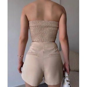 Arkadan büzgülü esnek büstiyer bej